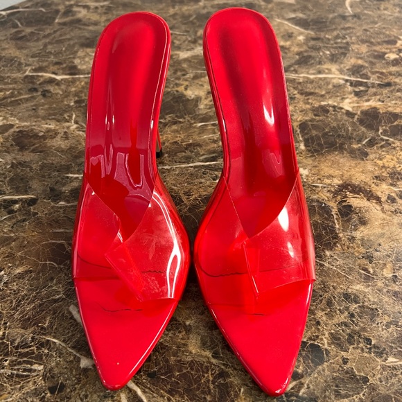Red Patent Stiletto Mule Heels | Pointed Toe | Size 9 | Statement Heels - Picture 3 of 6